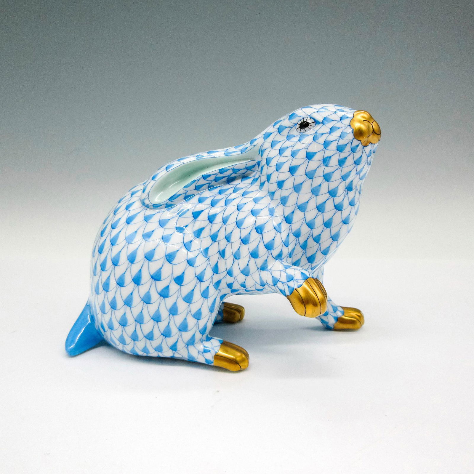 Herend Porcelain Figurine, Blue Fishnet Rabbit (1 of 3)