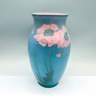 Rookwood Pottery by Edward Diers Vellum Vase, Poppies: A beautiful vase with a blue exterior and a pink interior. Decorated with pink poppies. Rookwood Pottery marked and artist's initials on the underside. Artist: Edward George Diers Issued: 20th