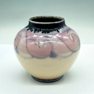 Vintage Rookwood Pottery Art Deco Vase: A small cream-colored glazed ceramic vase with pink and lilac wave pattern at the top. Rookwood impressed stamp. Issued: c. 1930s Dimensions: 5.25"W x 4.75"H Manufacturer: Rookwood Country of Origin: