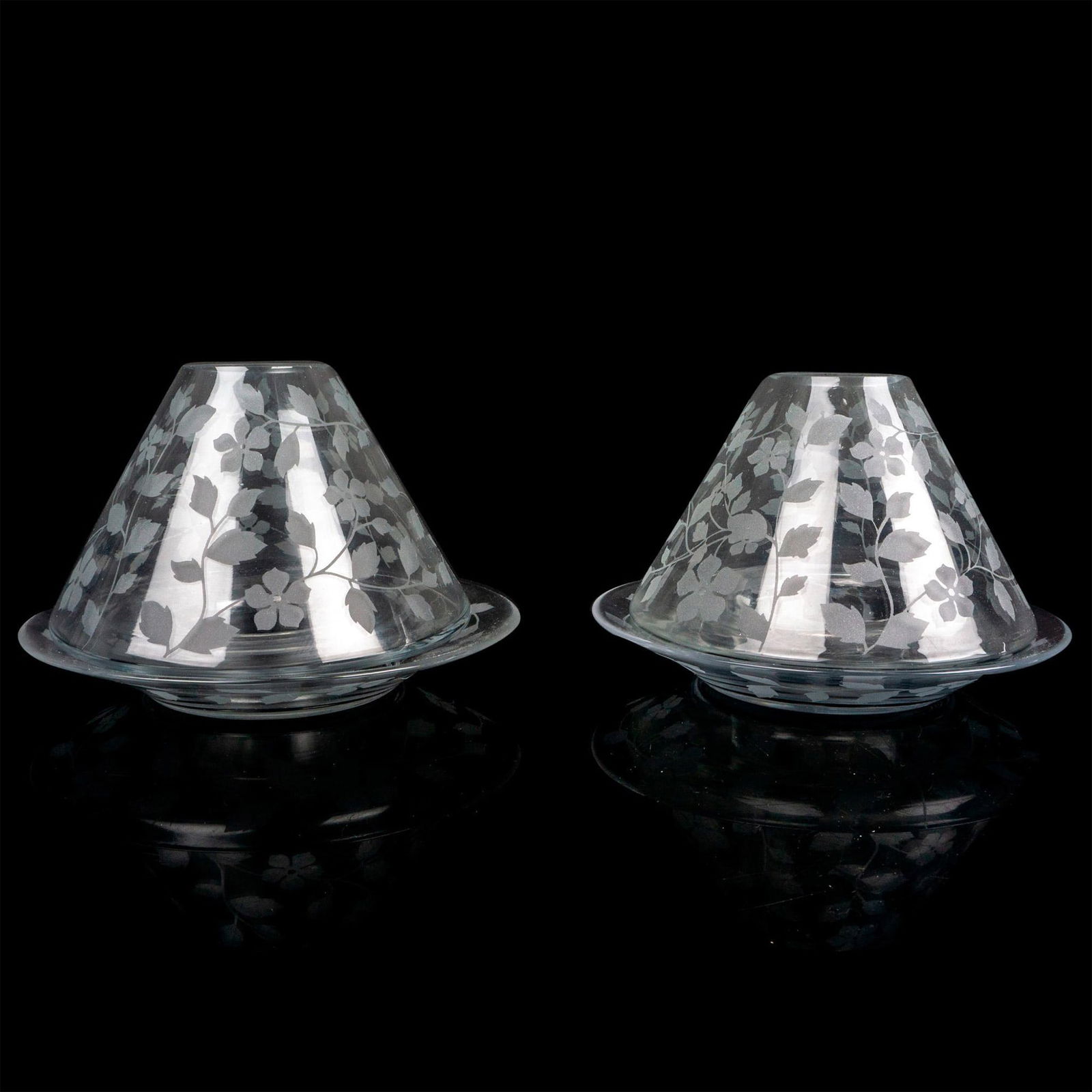Pair of Etched Glass Candle Jar Shades with Plates (1 of 2)