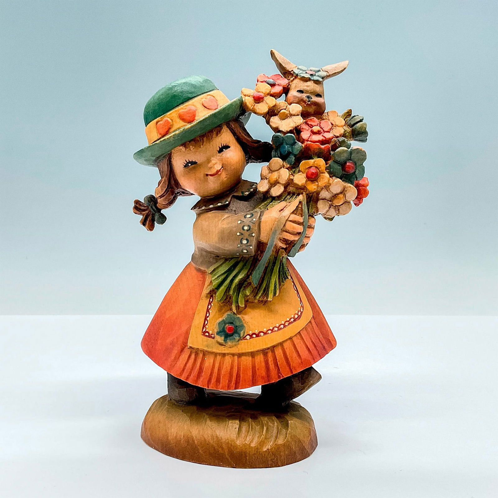 Anri Italy Wood Carved Figurine, Flower Girl (1 of 3)