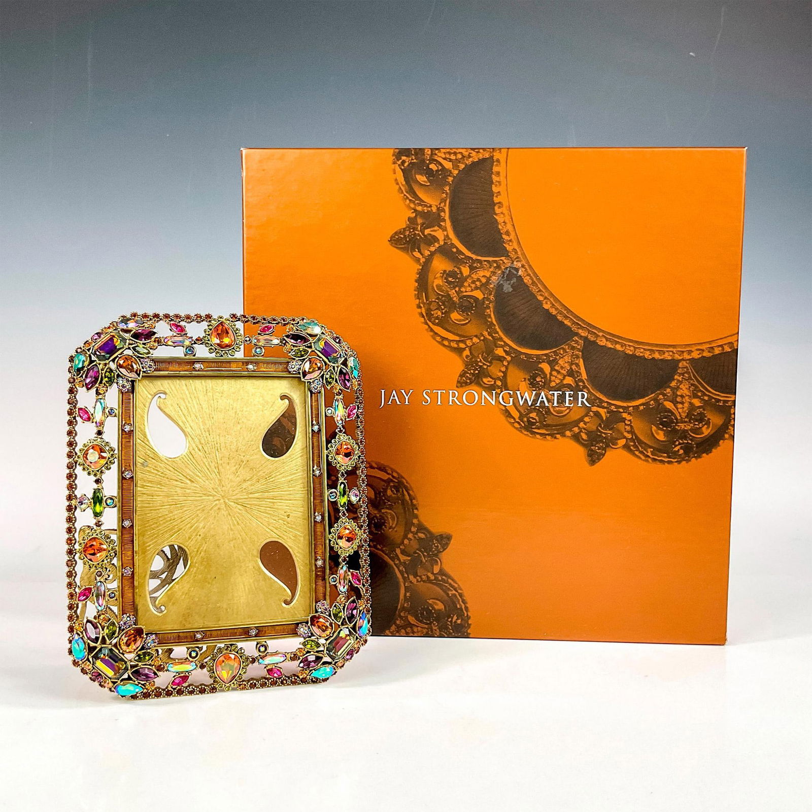 Jay Strongwater Limited Edition Bejeweled 2-Way Frame: A stunning, sophisticated cast pewter picture frame with 14k matte gold and light brown antique finish. Hand set and hand enameled, lavished in Swarovski faceted crystal stones. Includes original Jay