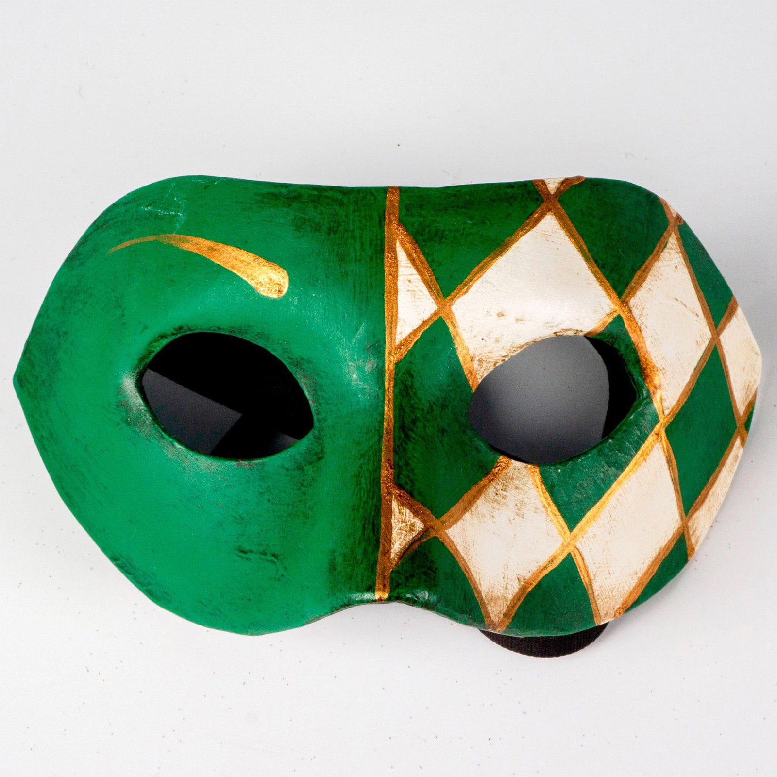 Handmade Columbina Venetian Mask: Green, white and gold half mask. Checkered design on the right side. Wearable laces attached. Dimensions: 4"L X 7"W x 4"D Country of Origin: Italy