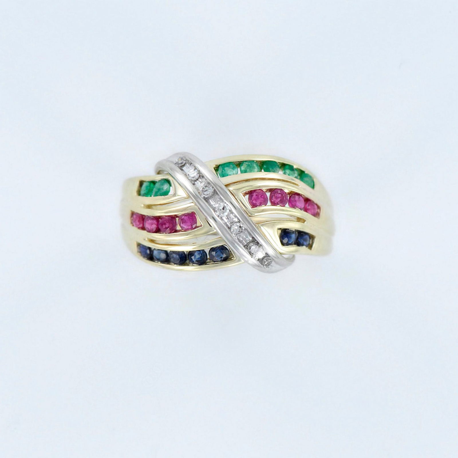 Two Tone Gold, Diamond, Ruby, Sapphire, and Emerald Ring (1 of 5)