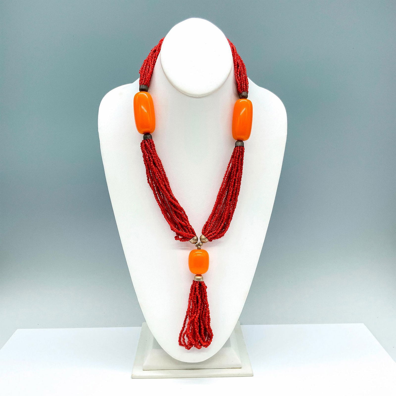 Bold Orange and Coral Tone Beaded Tassel Necklace (1 of 2)