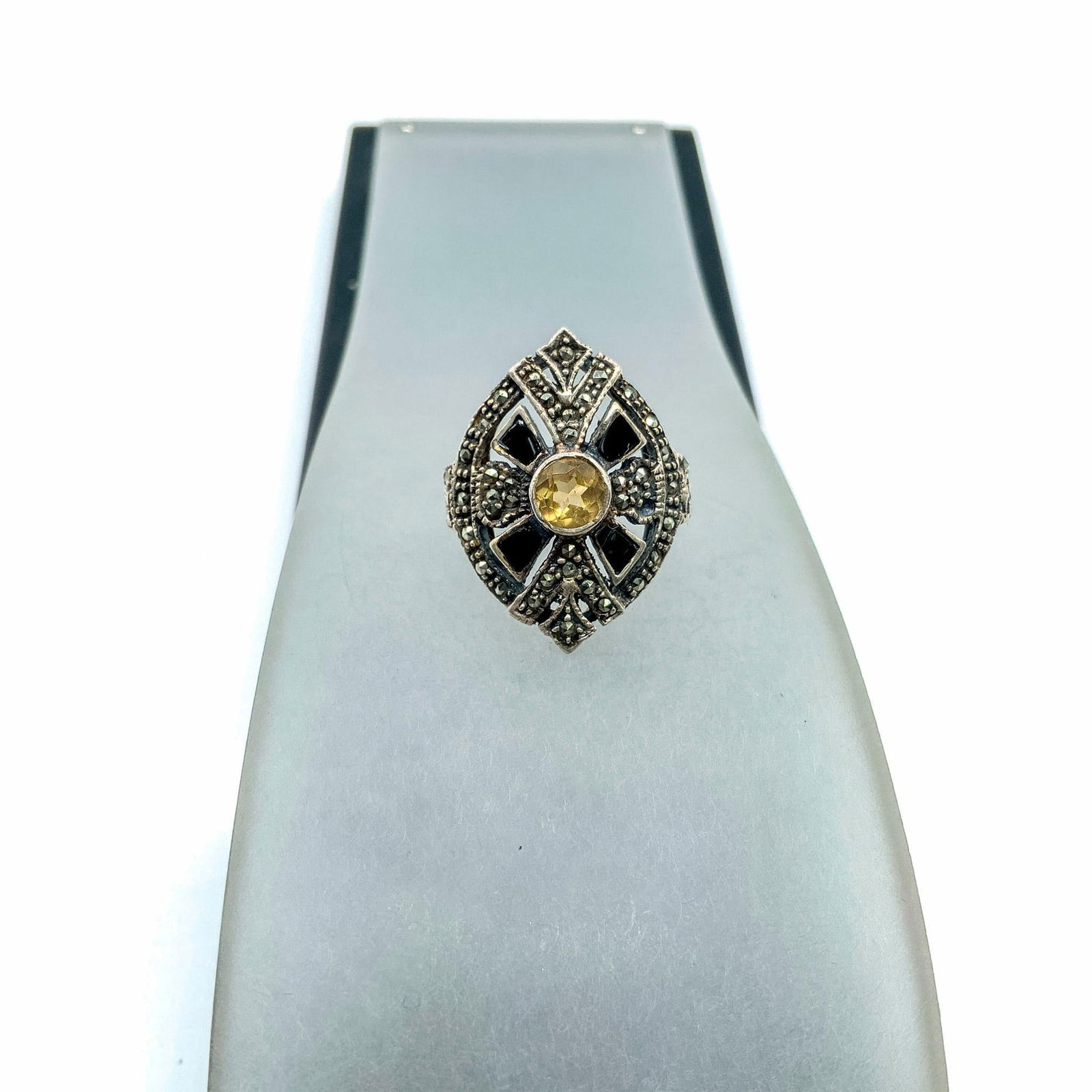 Vintage Sterling Silver, Enamel, Marcasite, and Crystal Ring (1 of 2)