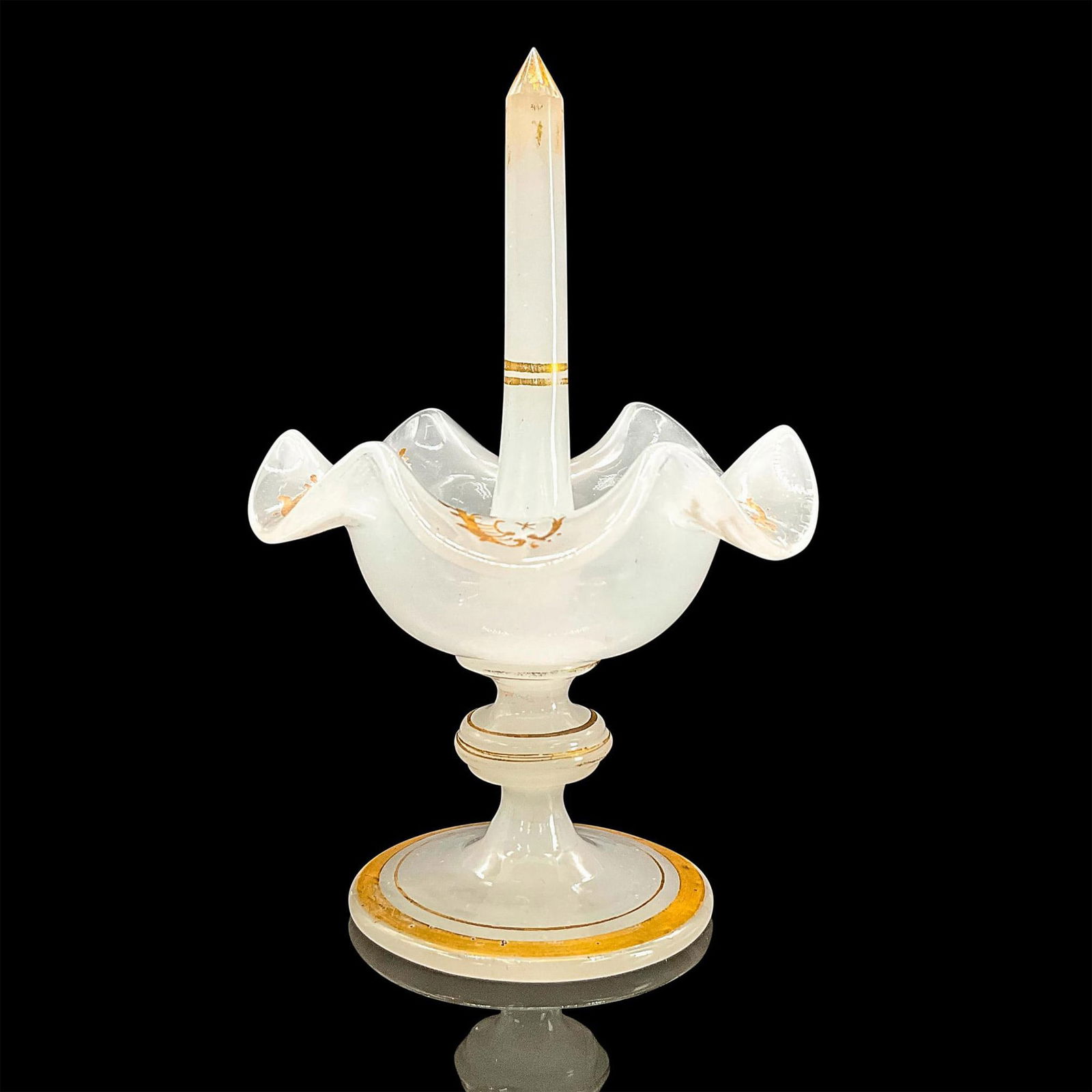 Vintage Glass Pedestal Ring Holder Dish: Glass ring holder dish with ruffled rim and gold accents. Dimensions: 5"H x 3"dia