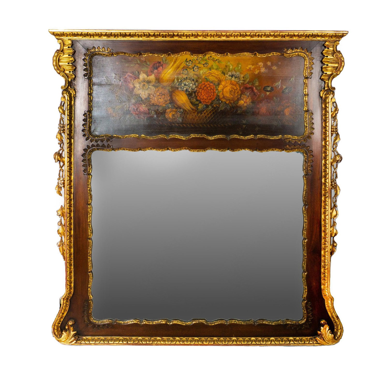 Antique French-Style Wooden Floral Trumeau Mirror: An impressive mirror with a carved wooden frame adorn with gilded grapevines, and an oil painting on wood of a basket of flowers. Frame size: 40.75in W x 45in H x 1.75in D. Mirror size: 29in W x 24.75
