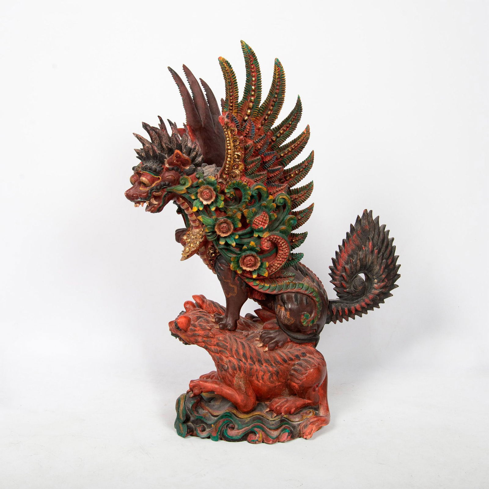 Large Antique Balinese Singha Carved Wooden Winged Dragon Sculpture (1 of 5)