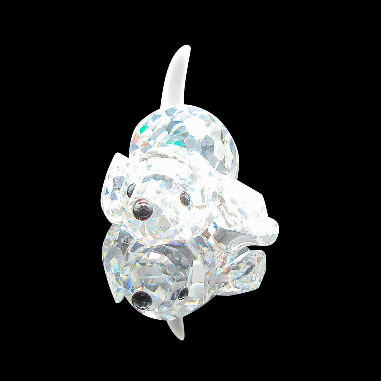 Swarovski Crystal Figurine, Beagle Puppy Playing: Clear cut crystal figural with black eyes and nose. Swarovski backstamp. 7619000004. This item has its original box: 2.5"H x 3.25"dia. Issued: 20th century Dimensions: 1.75"L x 1"W x 1"H Manufacturer: