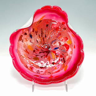 Murano Glass Bowl, Tutti Frutti Style with Pink Confetti: Vintage Mid Century 1950s Murano Glass Tutti Frutti Confetti and Pink Colored Foil Cased Bowl. Issued: Mid 20th Century Dimensions: 9"L x 8"W x 3.25"H