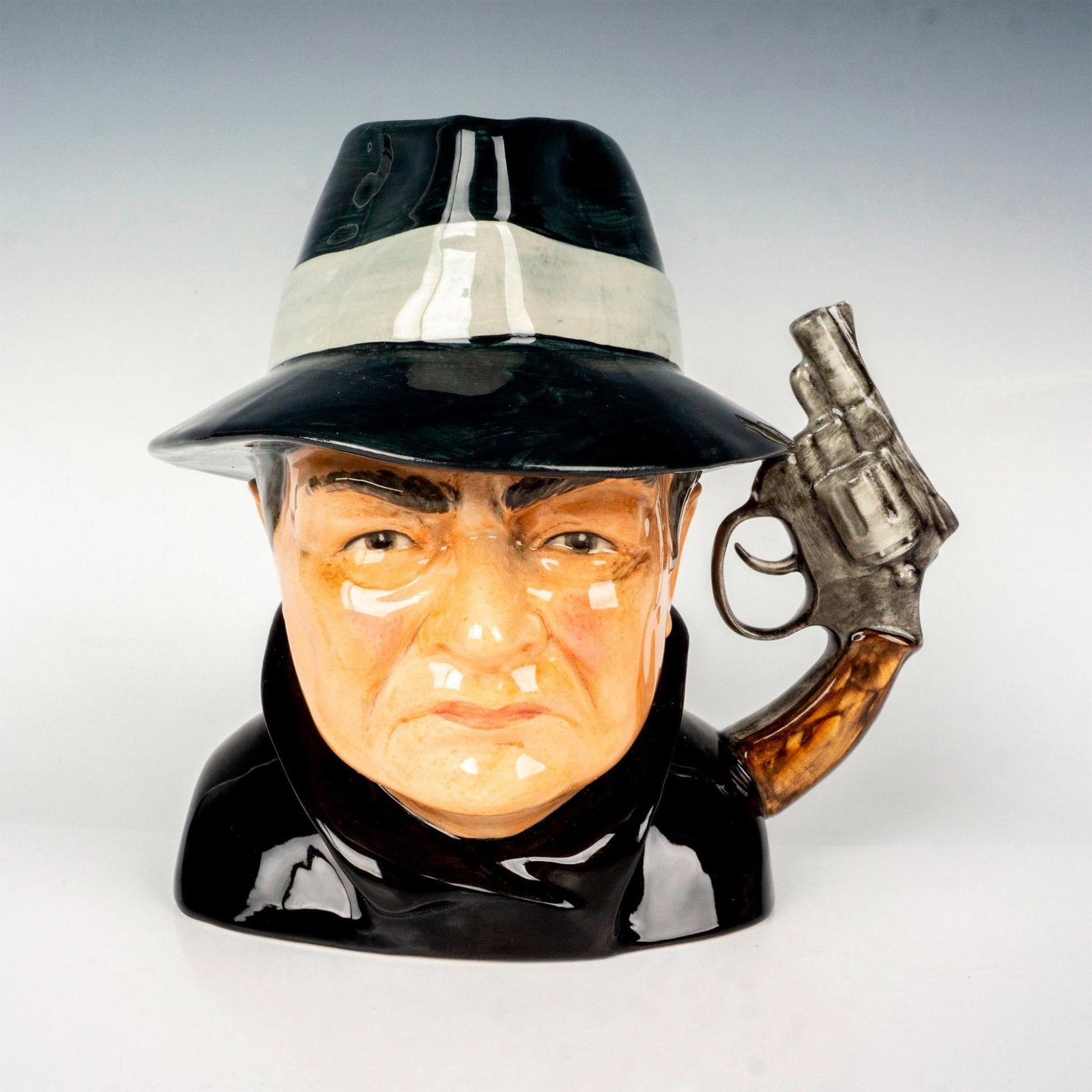 Bairstow Manor Show Special Character Jug, Edward G Robinson: Limited edition figural jug featuring American-Romanian actor. Hollywood Greats series. Bairstow Manor Pottery. Dimensions: 8"L x 6.25"W x 8"H Edition Number: 69 of 500 Manufacturer: Bairstow Manor Po
