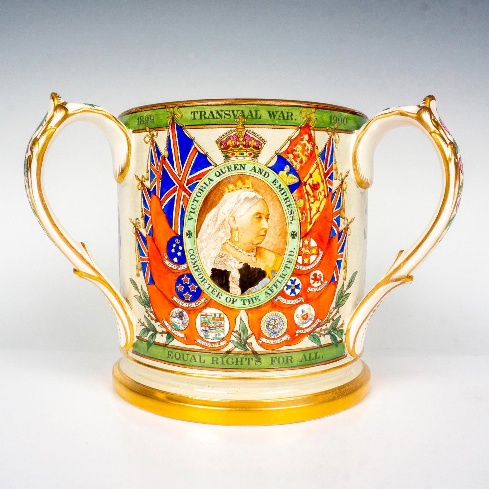 Copeland Porcelain Boer War Commemorative Tyg: Decorated with portraits of Queen Victoria, Salisbury and Lord Roberts, and a figure of Britannia; heavy gilt decorations. Copeland England backstamp. Issued: c. 1900 Dimensions: 7.75"W x 5.5"H Manufa