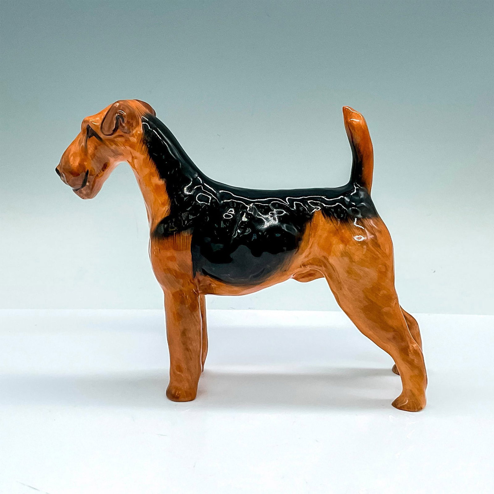 Royal Doulton Bone China Figurine, Airedale Terrier HN1023: Medium dog figure; natural colors; dark brown and black coat. Royal Doulton backstamp. Artist: Frederick Daws Issued: c. 1931-1985 Dimensions: 7"L x 2.25"W x 5.25"H Manufacturer: Royal Doulton Countr