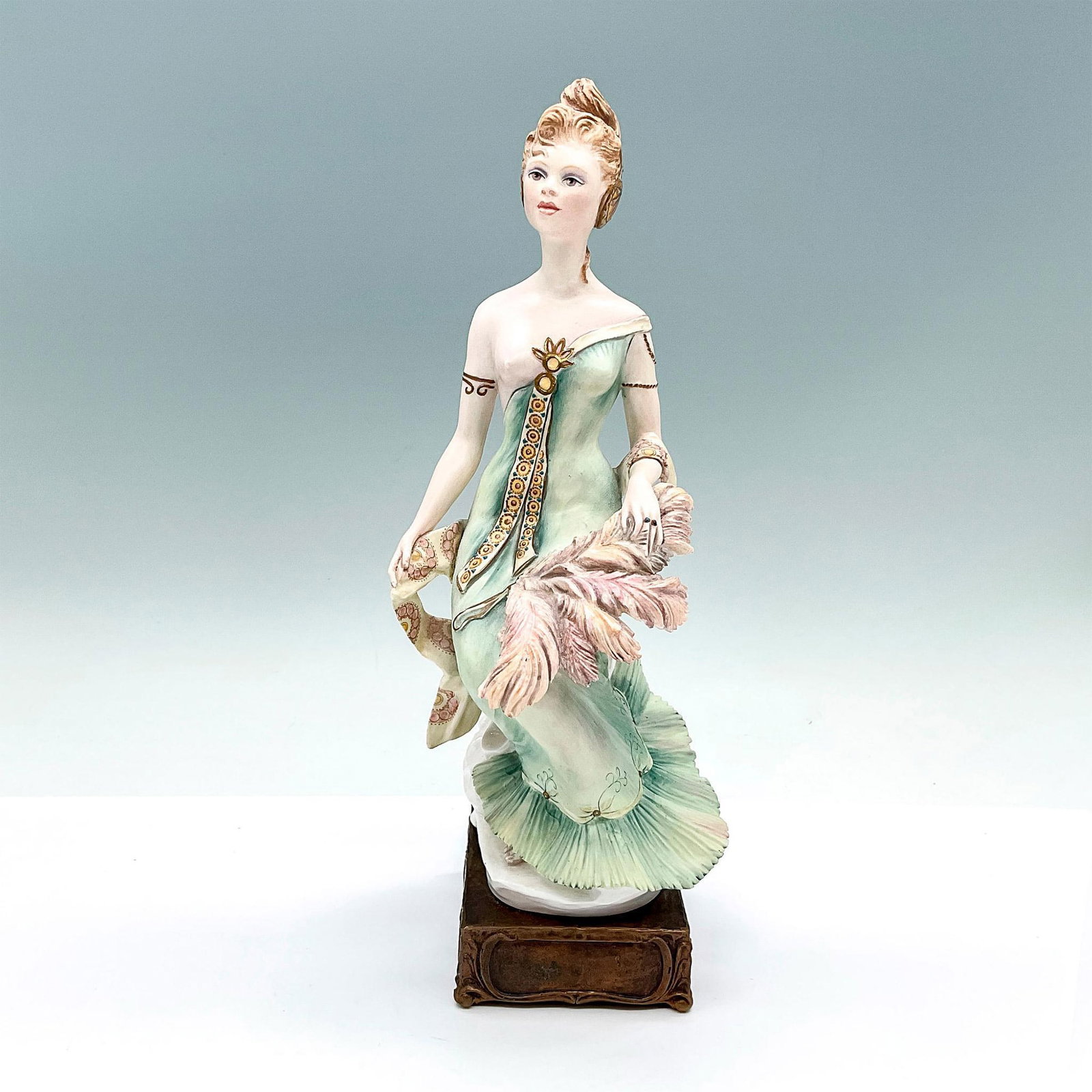 Albany Fine China Art Nouveau Figurine, Les Belles Plumes: Limited edition. Art Nouveau series. Beautiful painted figure of a woman in a mint green dress holding a plumed feather fan. Albany Fine China Ltd England, Worcester backstamp. Artist: Ruth van Ruycke