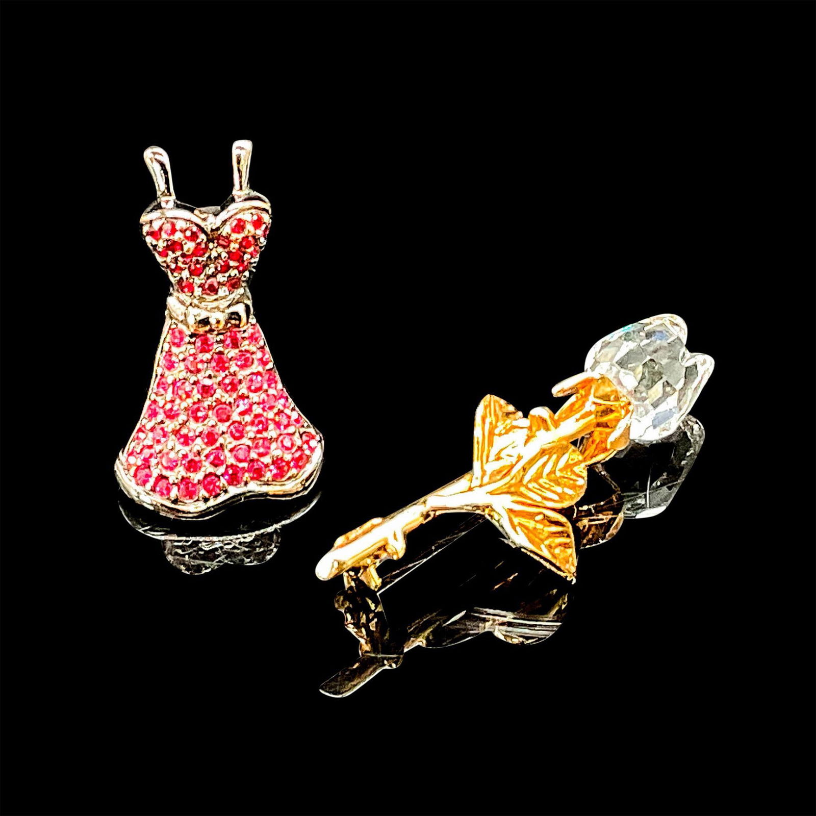 2pc Swarovski Brooch Pins, Dress and Rose (1 of 3)