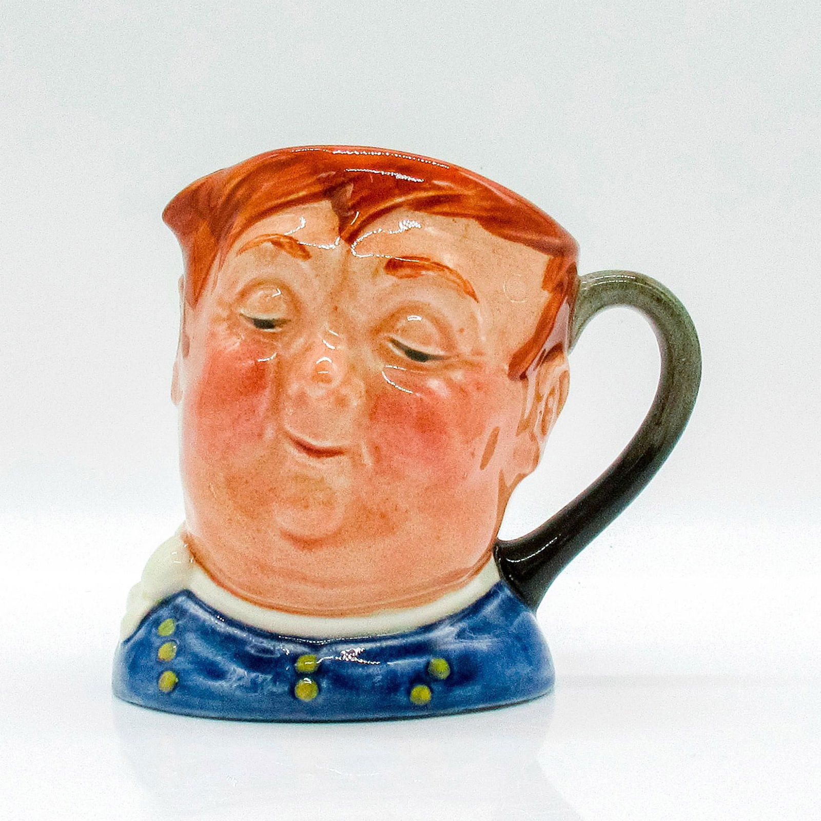 Fat Boy D5840 - Small - Royal Doulton Character Jug: Blue shirt; white scarf. Another wonderful Dickens character , Joe, the Fat Boy, was the lazy glutton who worked as servant to Mr. Wardle in "The Pickwick Papers." Royal Doulton backstamp. Artist: Les