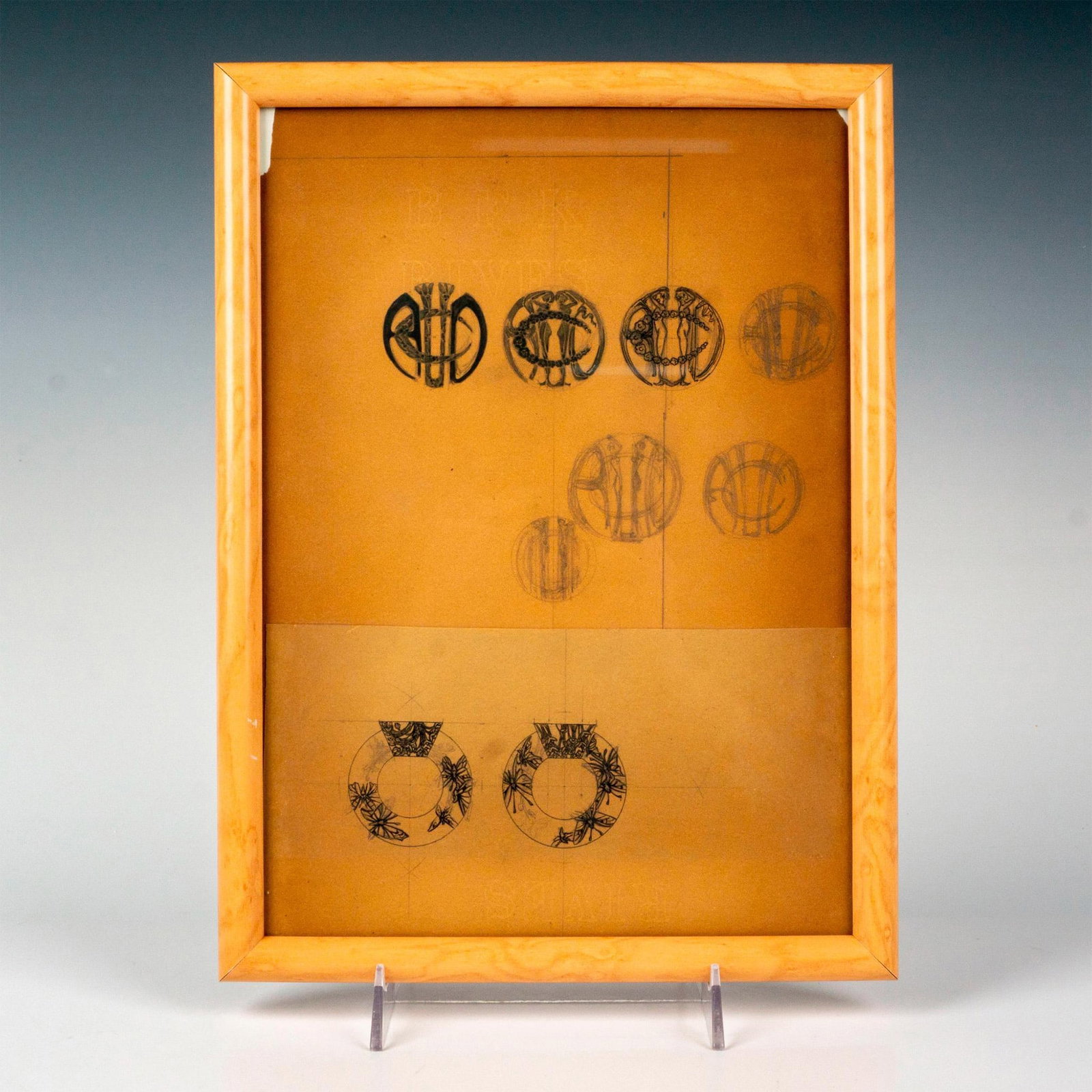 Rene Lalique (French, 1860-1945) Original Drawing, Ideas: Preliminary studies in graphite, India ink, and gouache on BFK Rives brown paper made by Art Nouveau and Art Deco designer and craftsman Rene Lalique. The upper sheet includes two rows of designs for 