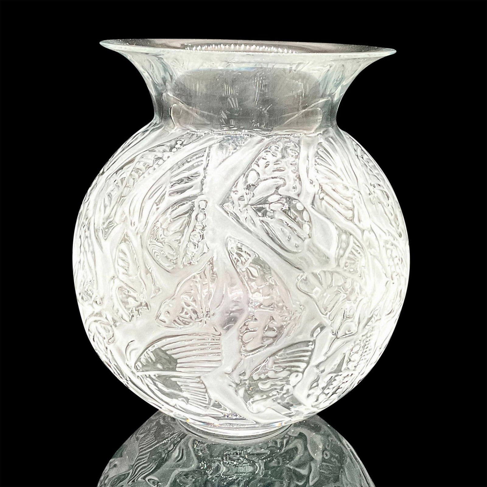 Lalique Crystal Vase, Nymphale: A clear and frosted bulbous shaped vase with flared rim, decorated in a butterfly pattern. Engraved Lalique France on base. Issued: c. 1940s Dimensions: 7.5"W x 8.5"H Country of Origin: France Manufac