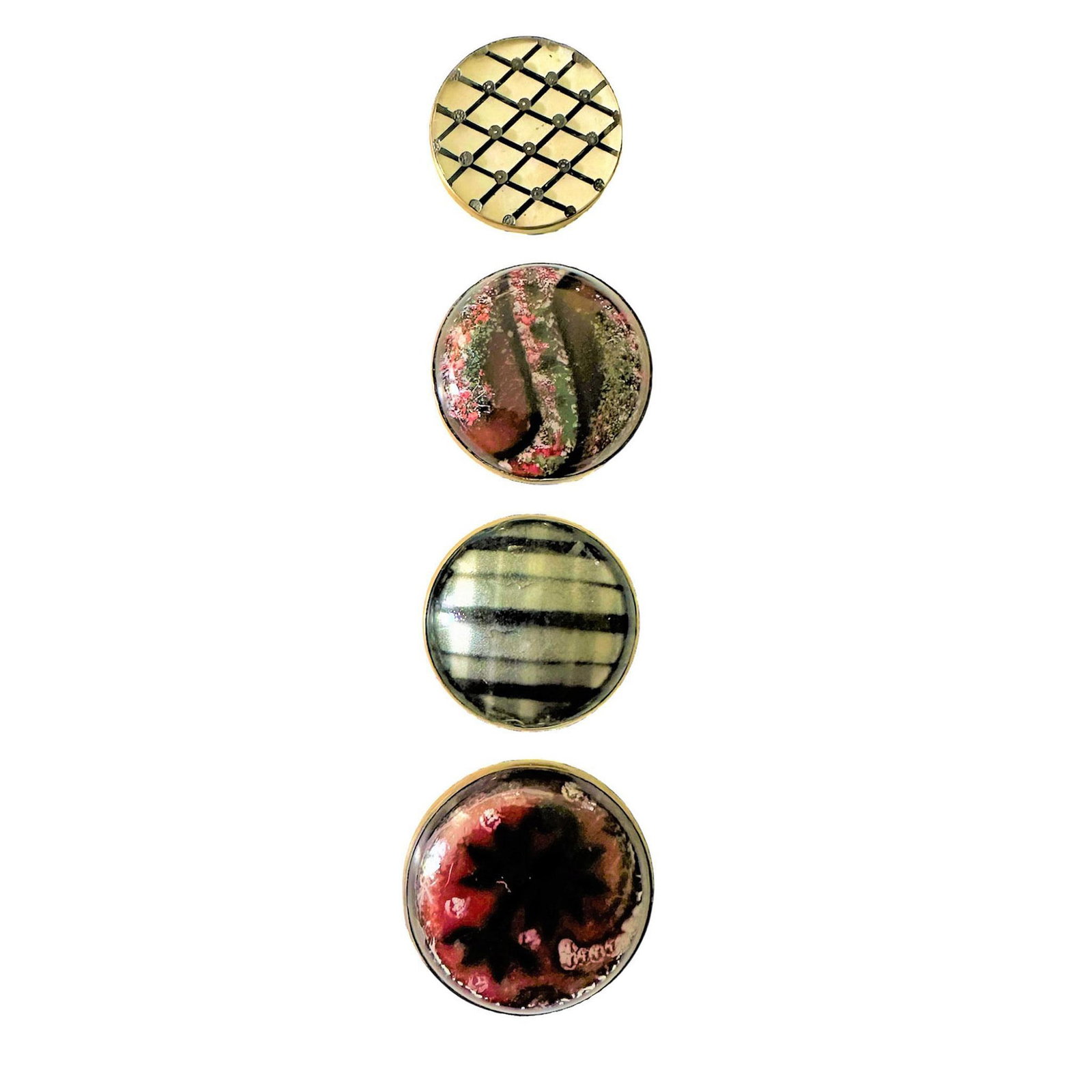 A Small Card of Division One Design Under Glass Buttons: 4 Medium/large 19th century glass in metal buttons. This card of designs under glass include 4 different examples of these highly collectible buttons. From the collection of the late Cindy Puckett of 