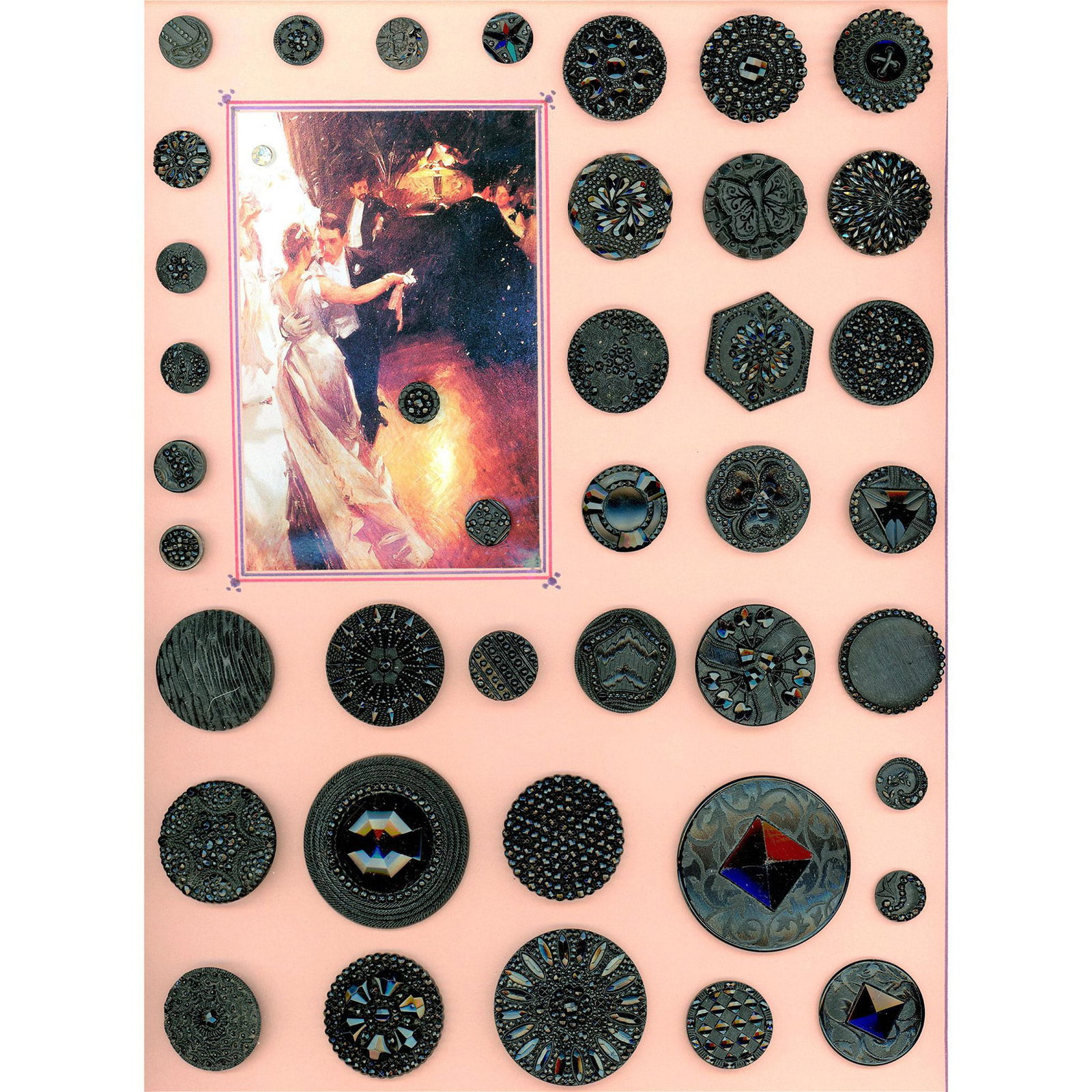 A Card of Assorted Divison One Black Glass Buttons: 35 S/M/L 19yh century black glass buttons including lacy type. Here is a beautiful card of mostly pattern and lacy style black glass buttons along with some pictorials. Issued: DIVISION 1=PRE 1918 AND