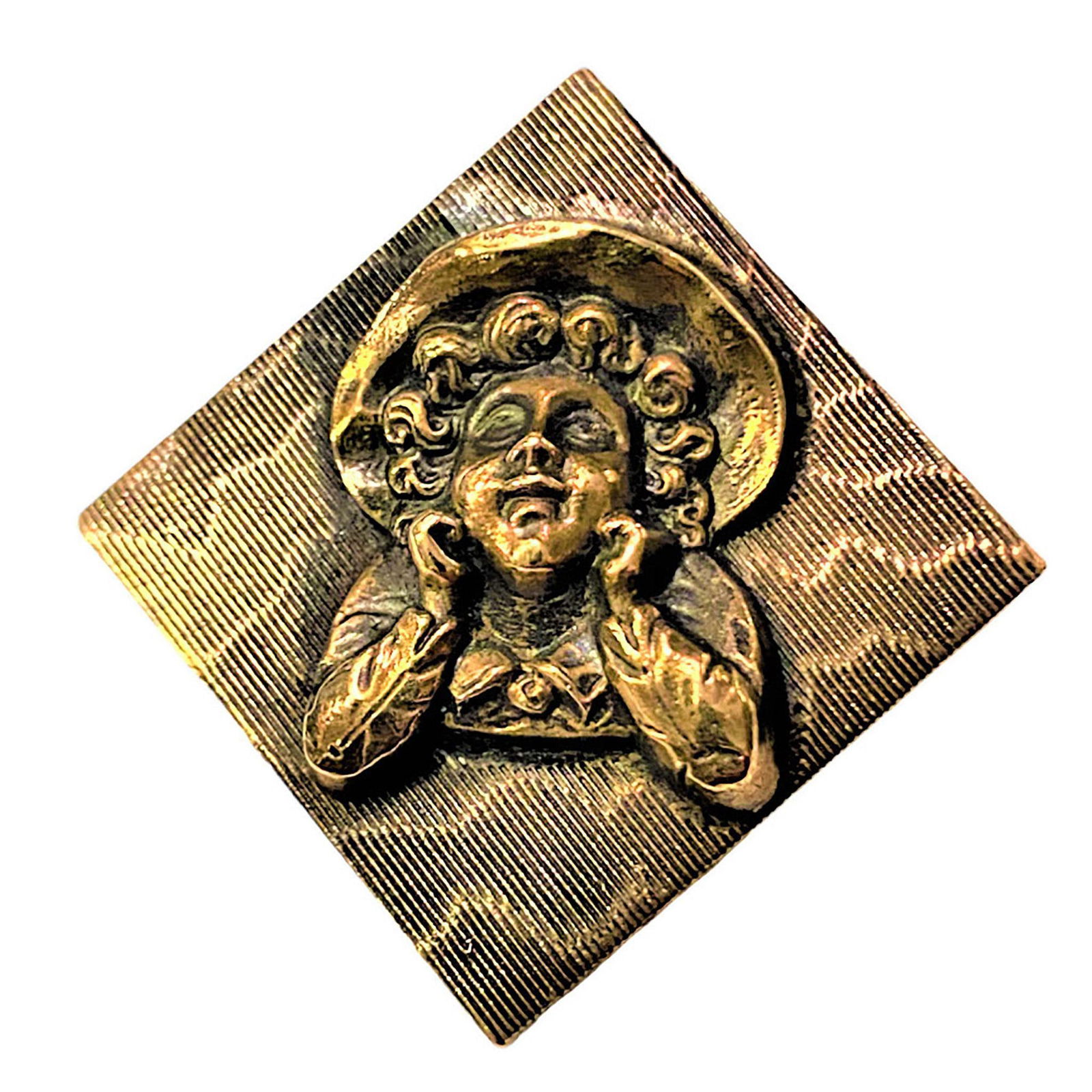 A Division One Pictorial Button of A Child: 1 Large 19th century shaped brass pictorial button. The late Shirley Case had three areas of buttons that were her favorite types, shell being number one and metal pictures being number two. Here is o
