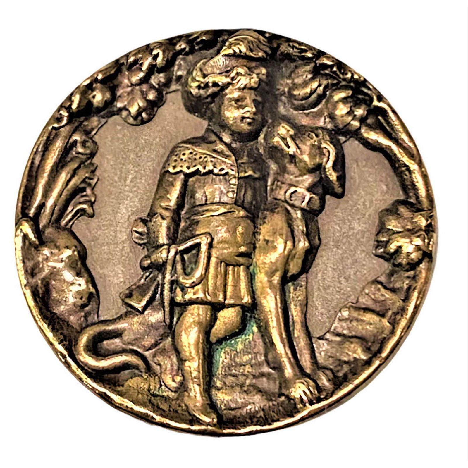 A Division One Childrens Story Button: 1 Large 19th century brass picture button of a child and dog. The late Shirley Case had three areas of buttons that were her favorite types, shell being number one and metal pictures being number two.