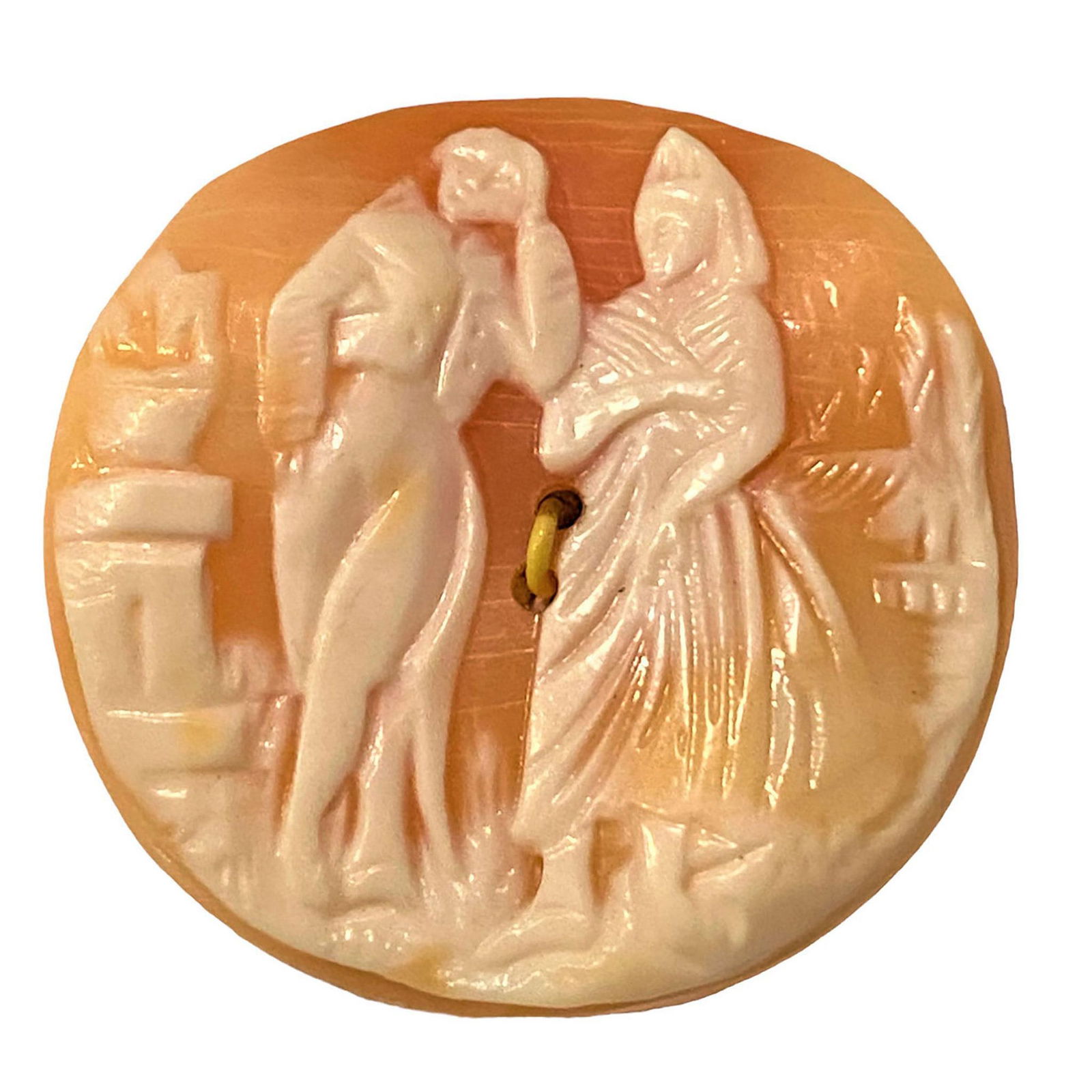 A Division One Cameo Carved Shell Button: 1 Large size 19th century nautilus shell figural button. From the collection of the late Shirley Case who wrote the NBS pearl classification booklet. These shell cameos are so cool as they are carved