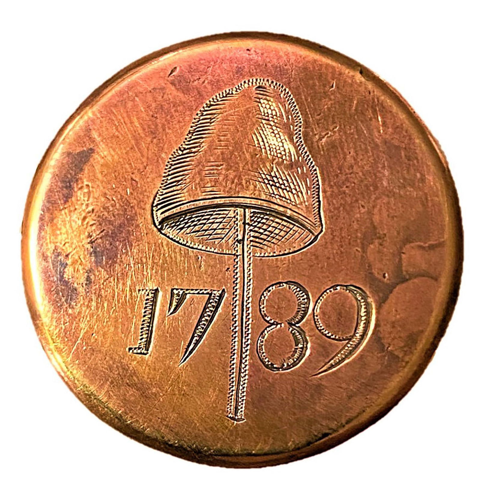 1789 Sons of Liberty GW Inaugural Patriot Button: 1 Large 18th century GW Inaugural copper engraved button. The button in this image is from the collection of Harry Case of Missouri and his late wife Shirley Case. Harry has always been considered to