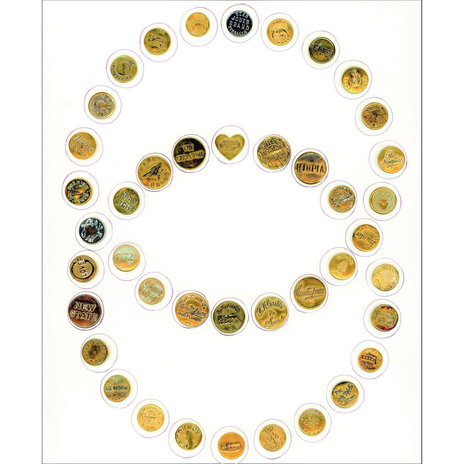 A Card of Division One Verbal Buttons: 42 Small early 20th century overall buttons. This card includes some really wonderful and some unusual overall buttons advertising the different clothing brands and companies. A nice selection. Issued