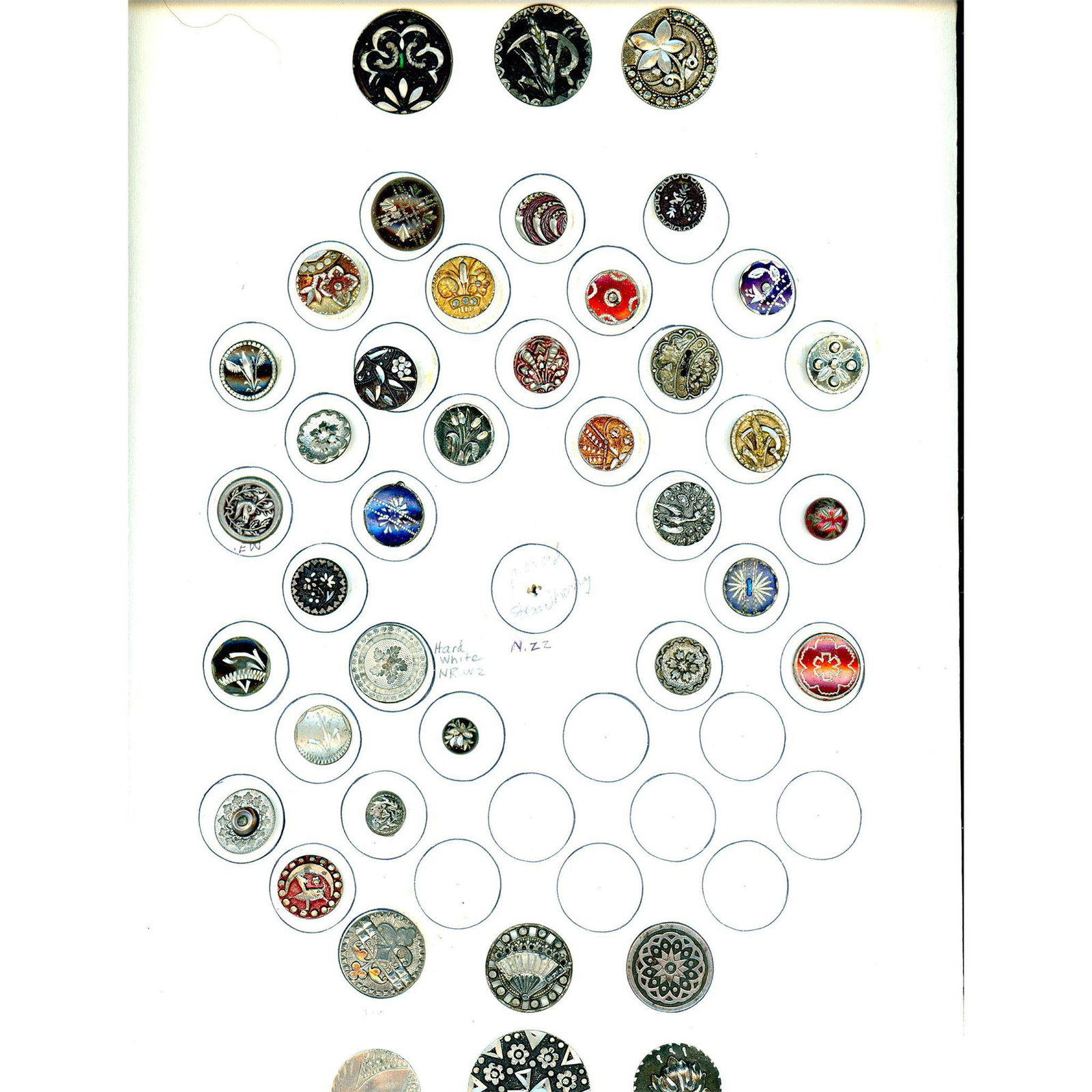 A Card of Division One Pewter Buttons: 45 Small/Medium 19th century mostly pictorial pewter buttons. Here is a nice card pf bright cut and hard pewters. Many of these have their original tints. A nice assortment of these great buttons. Iss