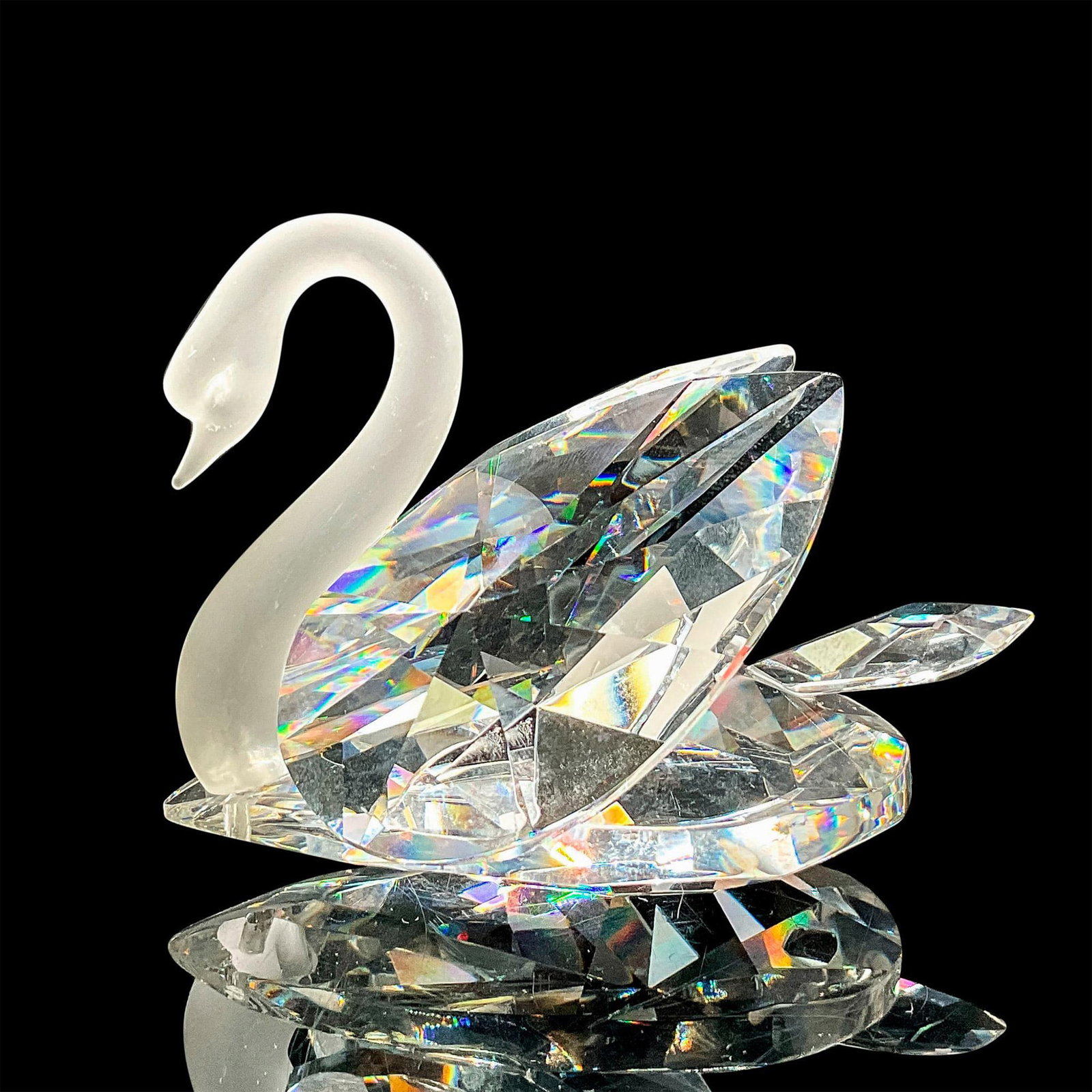 Vintage Crystal Figurine, Swan: Dazzling cut crystal figure in the style of the Swarovski swan, satin crystal neck and head. Dimensions: 3.5"L x 2.25"W x 2.5"H