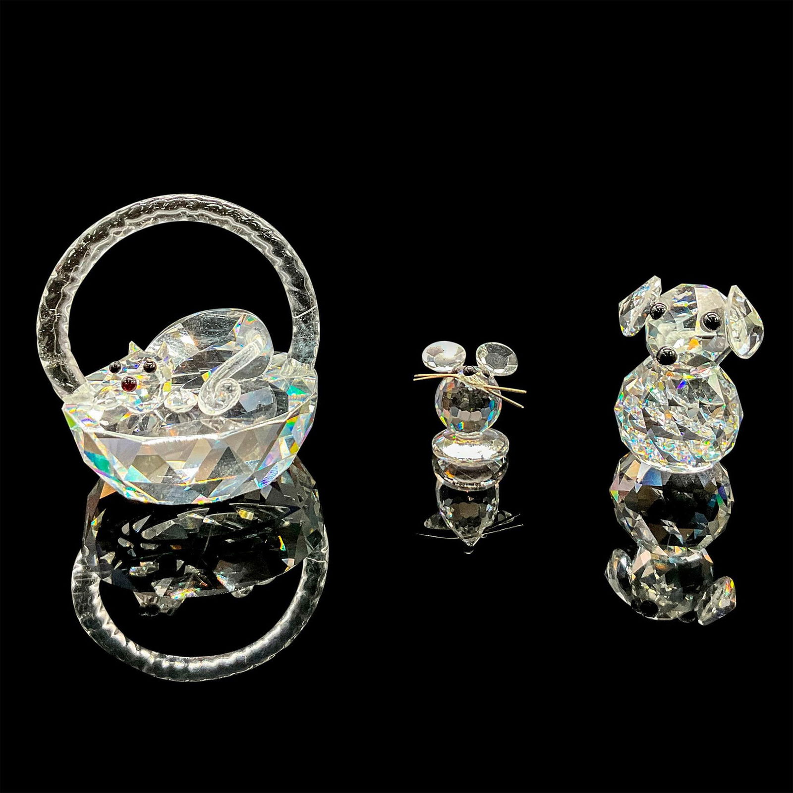 3pc Crystal Figurines, Asfour Cat in Basket, Dog and Mouse (1 of 3)
