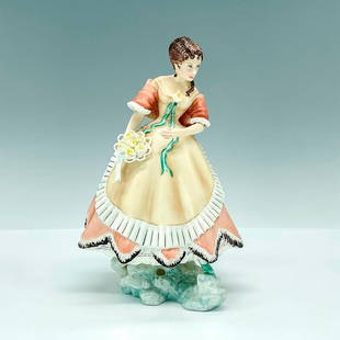 Royal Worcester Fine China Figurine, Penelope: This lovely figurine portrays Penelope in an elegant rose and cream-colored dress, adorned with delicate white ruffles. It's a part of the Victorian series, capturing the grace and charm of the era. R