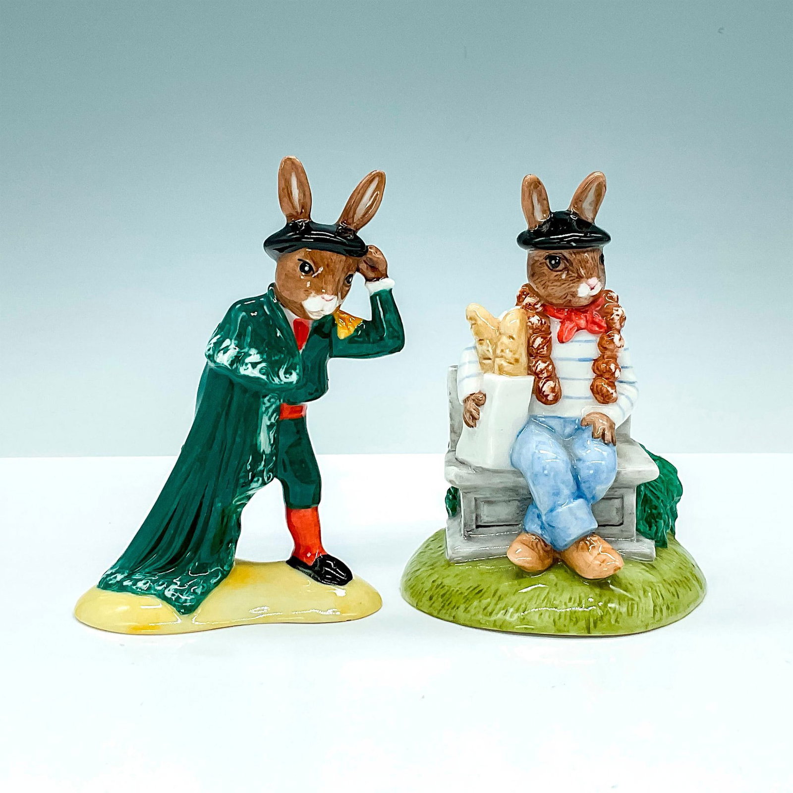 2pc Royal Doulton Bunnykins of the World: This world grouping includes Parisian No. 443 of 1000 and Matador No. 248 of 20000. Royal Doulton backstamp. Largest piece measures 3.5"L x 3.5"W x 4.5"H. Manufacturer: Royal Doulton Country of Origin