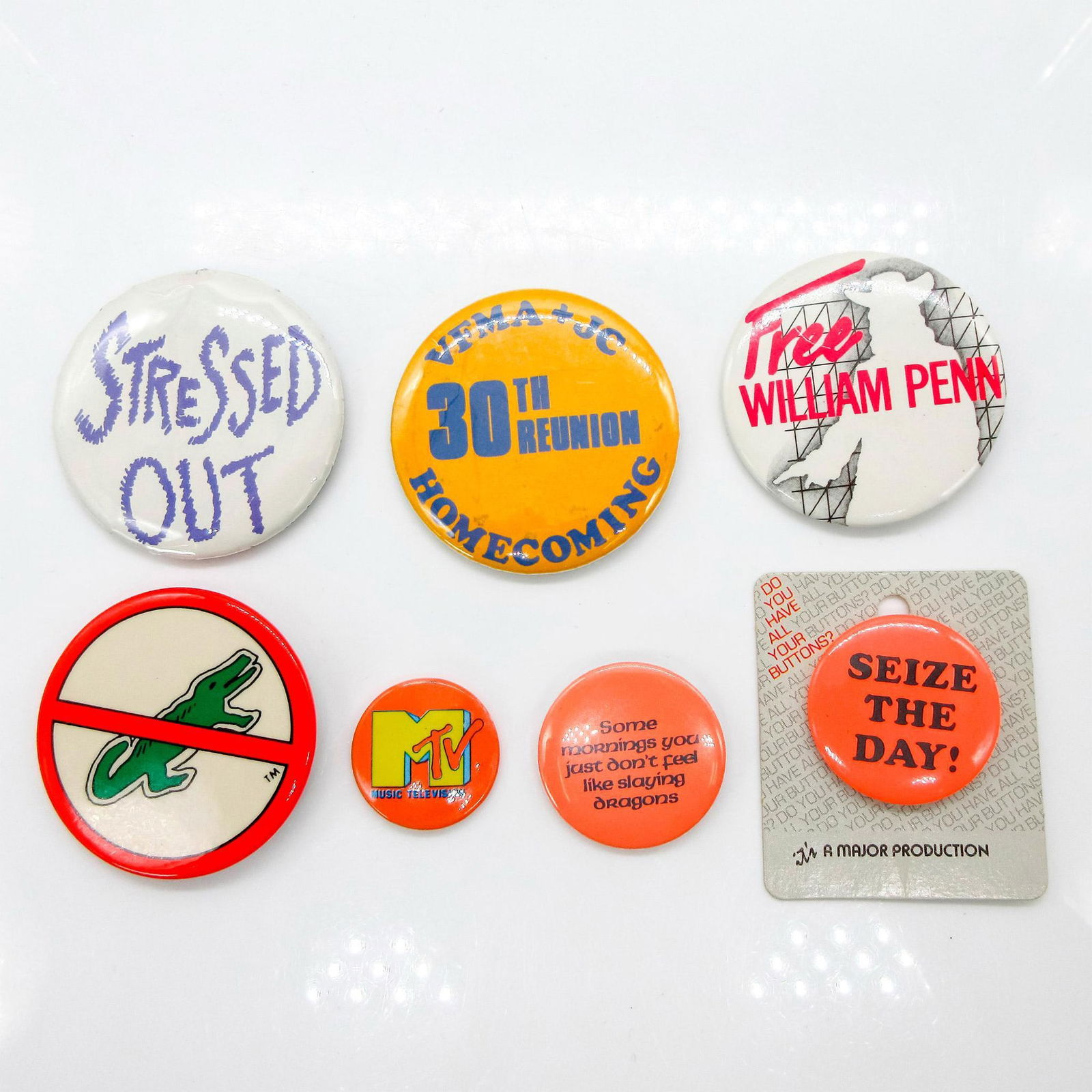 7pc Vintage Assorted Variety Buttons: Includes: MTV Music Television, No Lacoste Crocodile, Free William Penn, Some Mornings You Just Donâ€™t Feel Like Slaying Dragons, Stressed Out, Seize The Day, and VFMA + JC 30th Reunion Homecomi