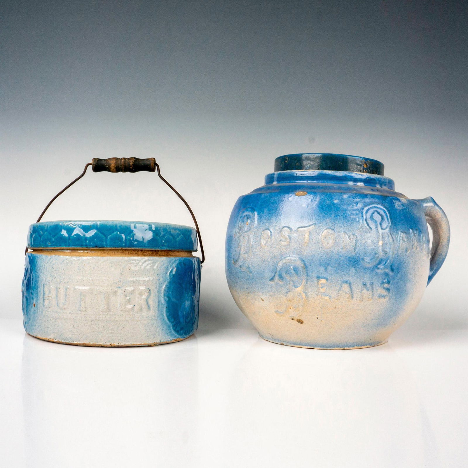 2pc Antique American Stoneware Bean Pot + Butter Crock (1 of 4)