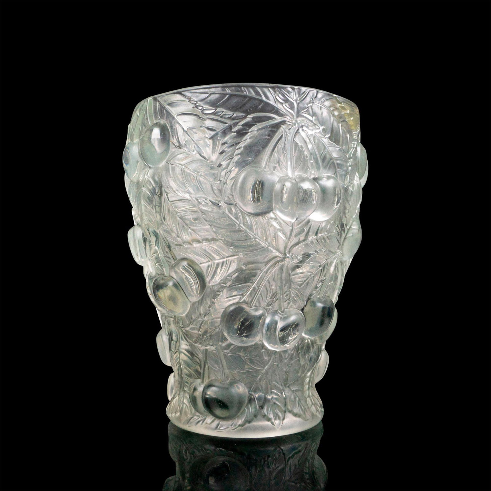 Lalique Style Art Glass Vase: Art nouveau style vessel embossed with cherries and leaves. Issued: c. 1950 Dimensions: 5.25"W x 7.25"H