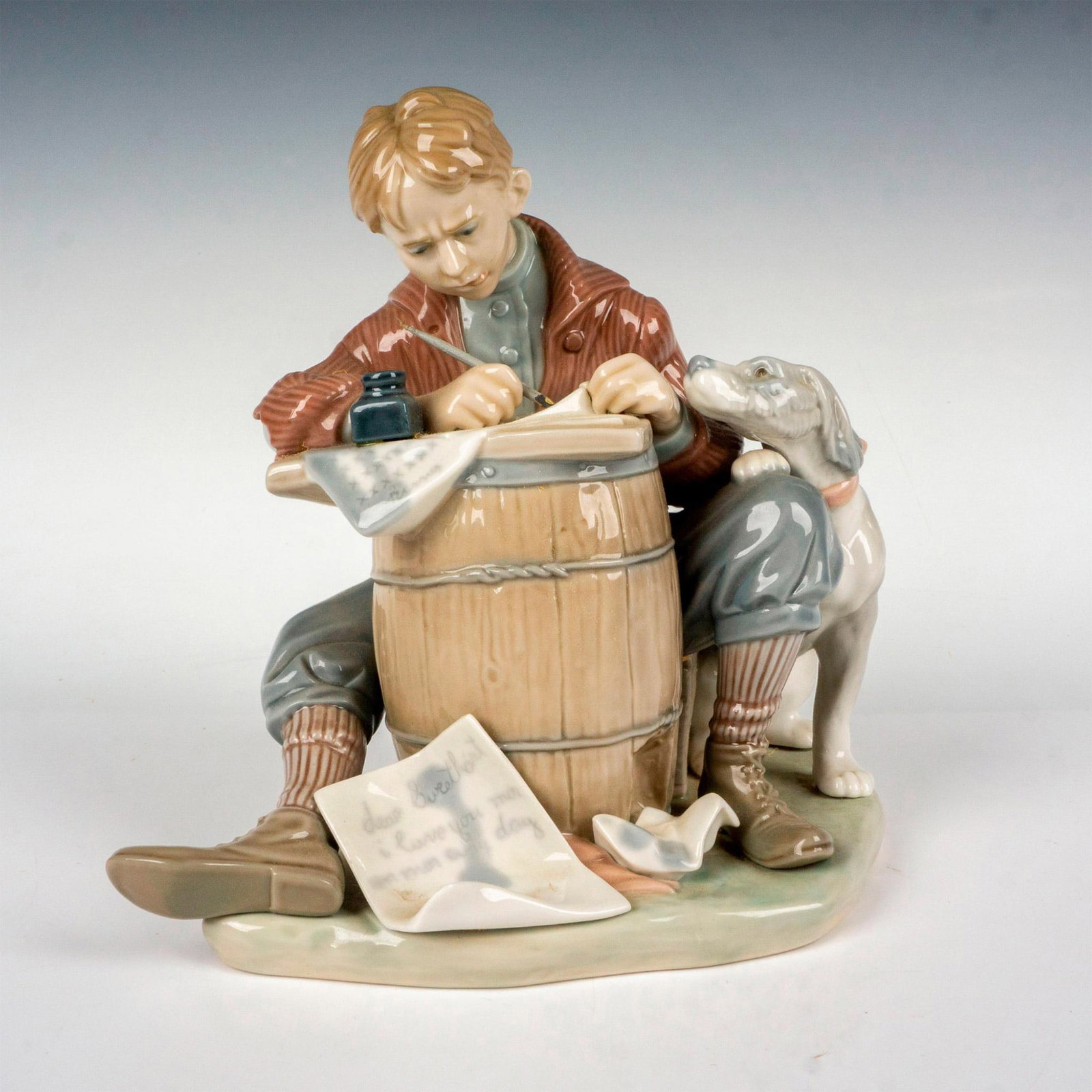 Love Letters 1001406 - Lladro Porcelain Figurine: Glossy finish; Lladro backstamp. Artist: Salvador Furio Issued: 1982 - 1984 Dimensions: 7.5"H Manufacturer: Lladro Country of Origin: Spain
