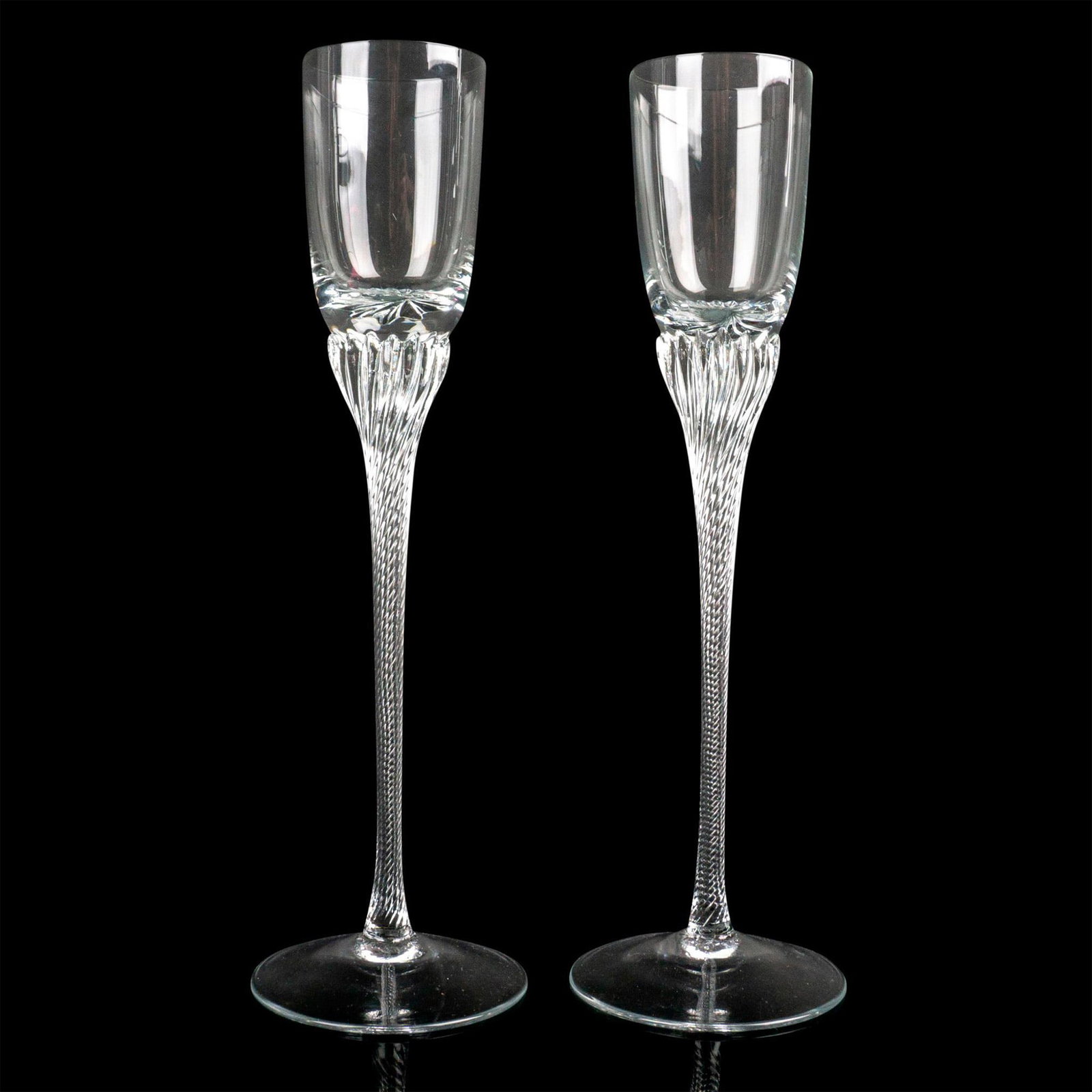2pc Tall Cordial Glasses: Two clear cordial glasses with etched spiral pattern on stem. Dimensions: 8.5"H x 2.5"dia