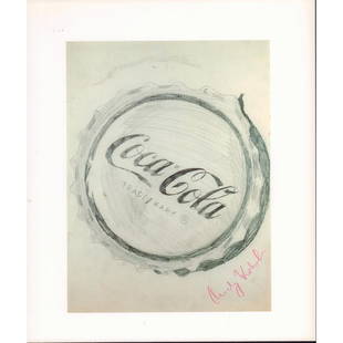 Andy Warhol, Black & White Book Plate, Coca Cola, Signed: Hand signed single leaf book plate of a Coca Cola bottle cap from an original 1962 drawing by Pop artist Andy Warhol. On recto, a small drawing of a Campbell soup can. Signature on lower right of