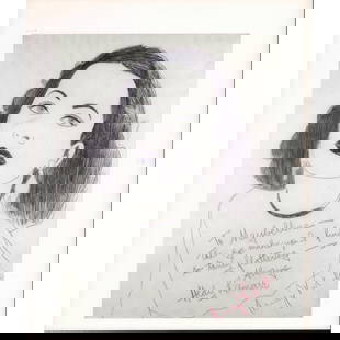 Andy Warhol, Color Book Plate, Hedy Lamarr, Signed: Hand signed single leaf book plate of actress and inventor Hedy Lamarr from the original 1950s' artwork by Pop artist Andy Warhol. Below Lamarr's portrait, To Maybelline - The eye make-up I find so tr
