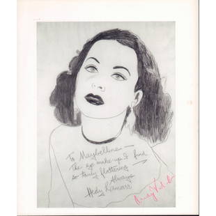 Andy Warhol, Color Book Plate, Hedy Lamarr, Signed: Hand signed single leaf book plate of actress and inventor Hedy Lamarr from the original 1950s' artwork by Pop artist Andy Warhol. Below Lamarr's portrait, To Maybelline - The eye make-up I find so tr