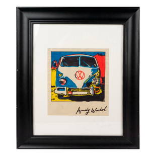 Andy Warhol (Attributed), Color Drawing, VW Bus, Signed: Awesome drawing with bright color markers that represents the iconic Volkswagen Microbus that took American subculture by storm in the 1970s. Attributed to Warhol, it is made with blue, red, white