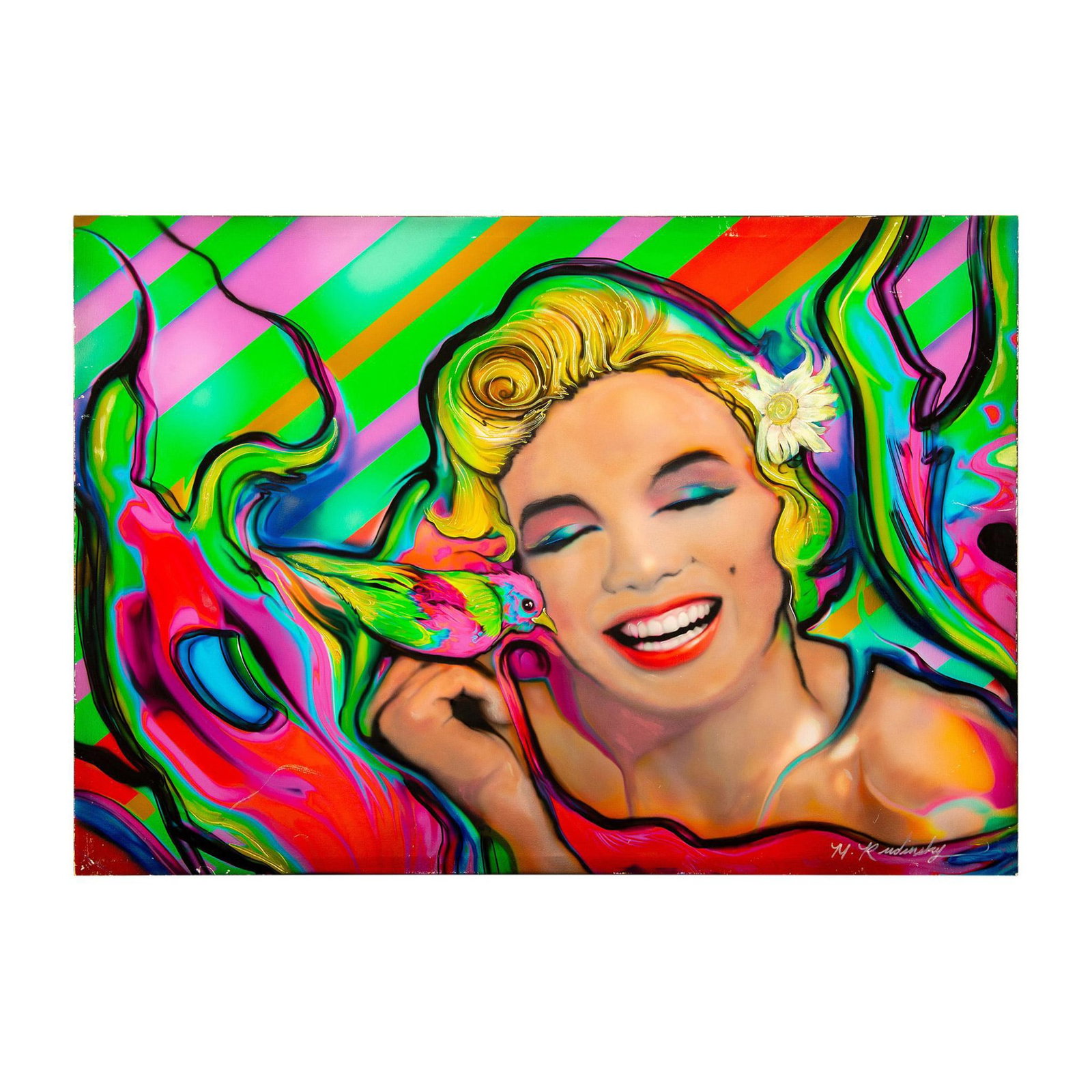 Marc Rudinsky, Original Pop Art Painting, Marilyn, Signed: Vibrant painting on canvas that depicts Marilyn Monroe laughing as she holds a brightly colored bird in her hand. Graffiti and Pop multimedia artist Marc Rudinsky used airbrushing, acrylics and oils t