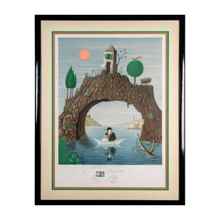 Raymond Peynet, Large Color Lithograph on Paper, Signed: Whimsical Naif style composition of two lovers on a paper boat floating under an arch where animals frolic amidst a fantastical landscape. Below the illustration: Des amoureux qui s'aiment autant que