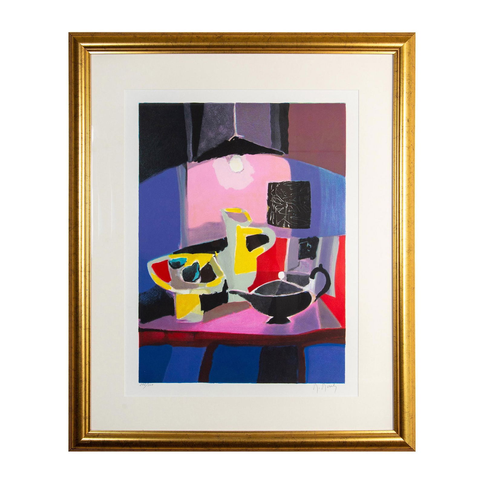 Marcel Mouly (1918-2008) Lithograph Print, Signed: Title: Nature Morte a l' Abat Jour. Fauvist-style print depicting a teapot and fruit bowl with a bright overhead light. Pencil signed by artist in lower right corner; edition number in left corner. Wh