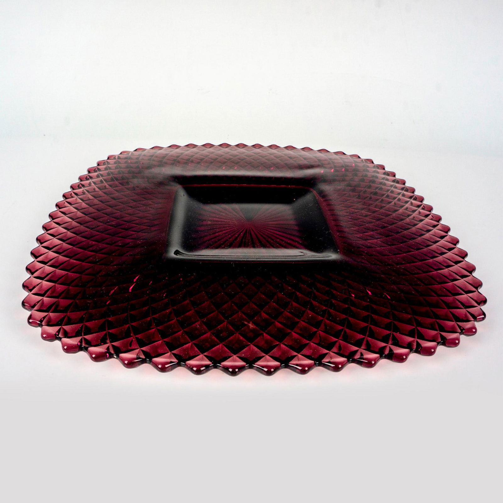 Vintage Art Glass Serving Platter: A purple, molded glass platter with a textured diamond pattern to underside. Dimensions: 10.75"L x 10.75"W x 0.75"H