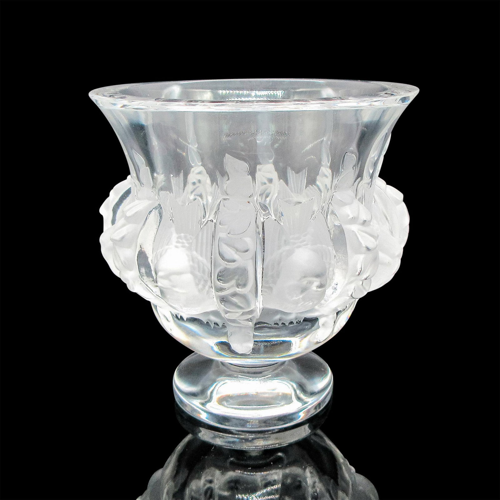 Lalique Crystal Vase, Dampierre: Designed in 1948 by Marc Lalique with raised birds and leaf pattern in satin crystal on clear footed crystal. Lalique etched mark. Artist: Marc Lalique Issued: 20th century Dimensions: 5"H x 4.5"dia. 