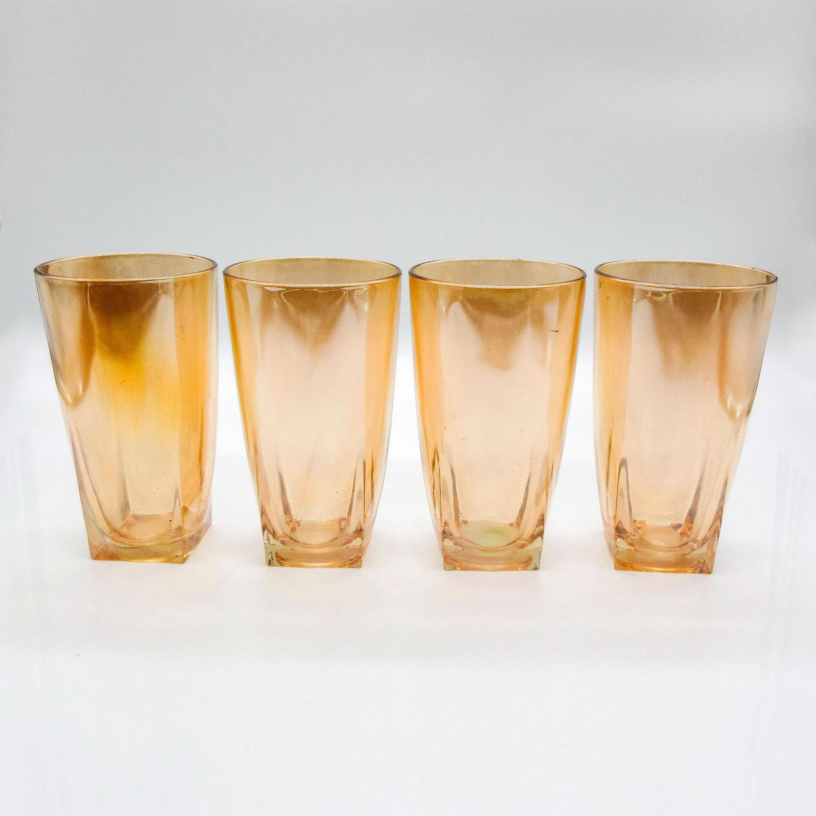 4pc Vintage Iridescent Honey Toned Collins Drinkware Set: Golden amber coloration serveware with square bottom. Dimensions: 2.75"W x 5"H